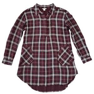 Nordstrom Caslon Burgundy Plaid  1/2 Button Tunic Shirt - SIZE M